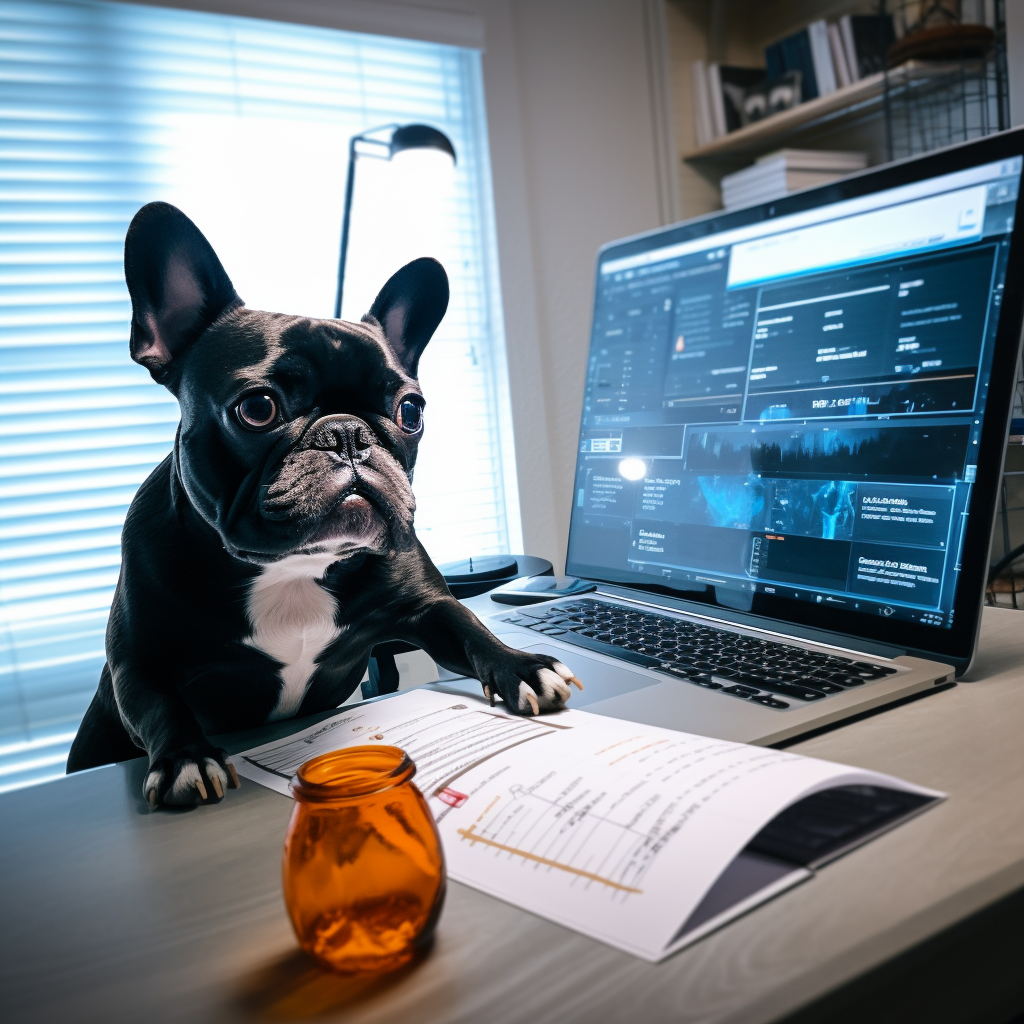 phu concepts dog, doing reseach, french bulldog doing research in front of computer